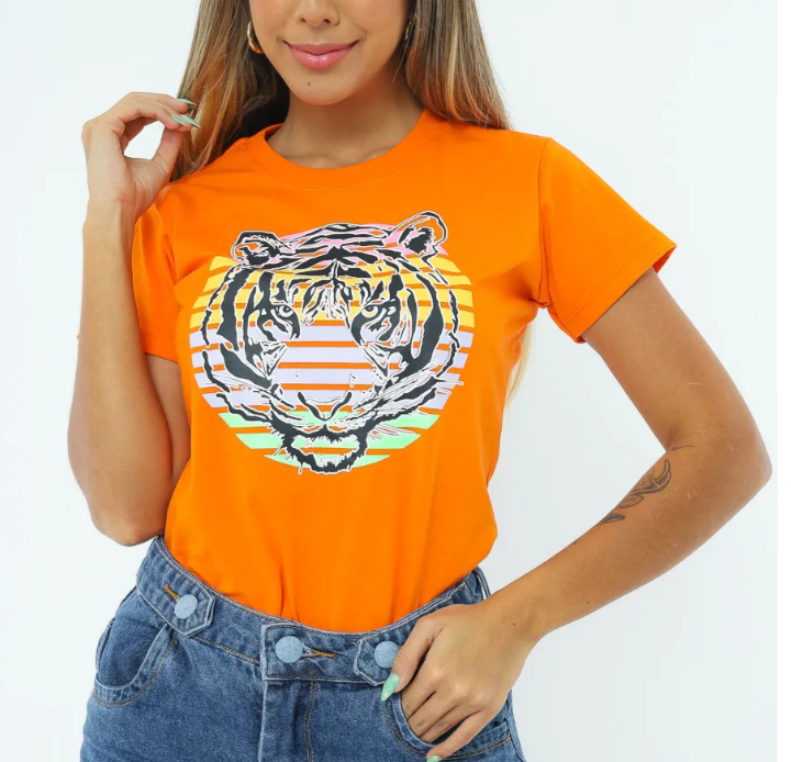 T-shirt Feminina Tigre colorido – Laranja – Moda Kasual